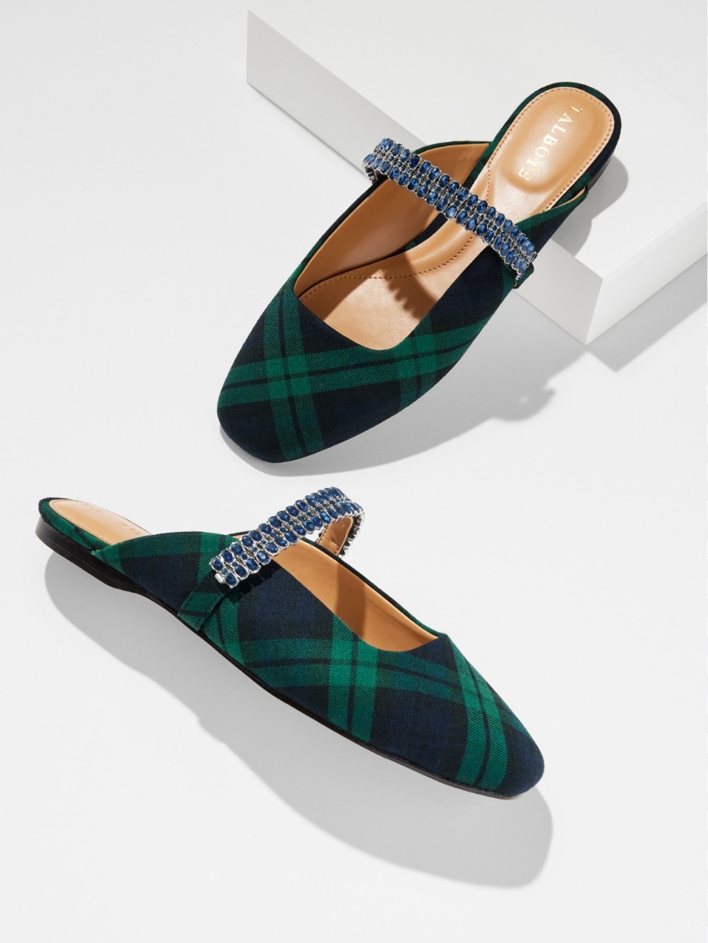 Talbots Green & Navy Plaid Embellished Slip-On Mules